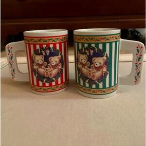 Red and Green oversized Christmas mugs with Teddy Bear detail - set of 2